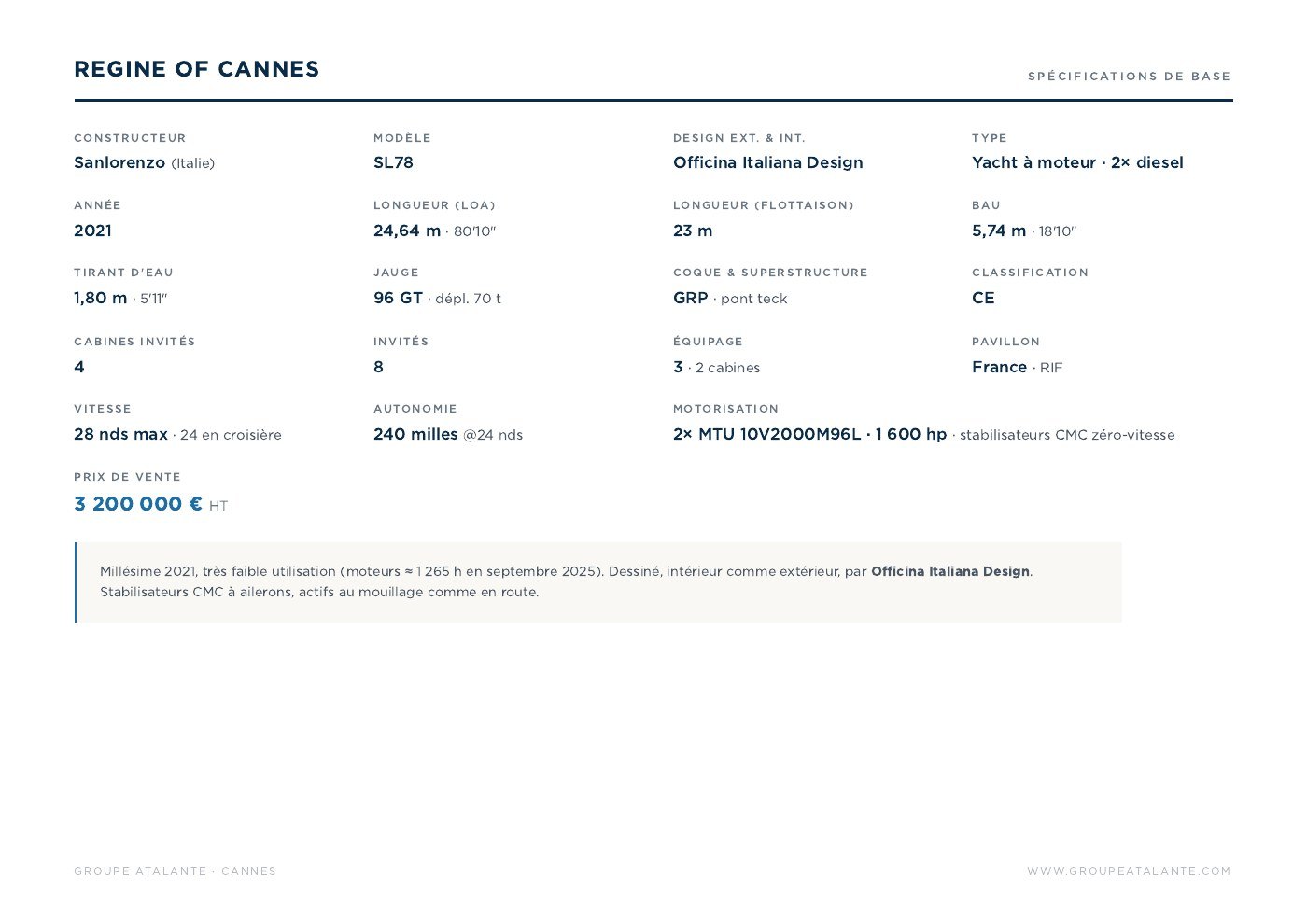 Specifications page of the Régine of Cannes brochure, with her asking price of €3,200,000 excluding VAT