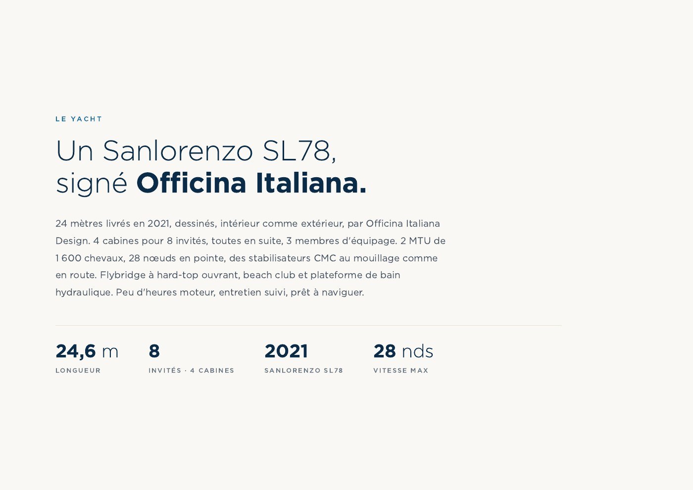 Introduction page of Régine of Cannes, a Sanlorenzo SL78, in her sales brochure
