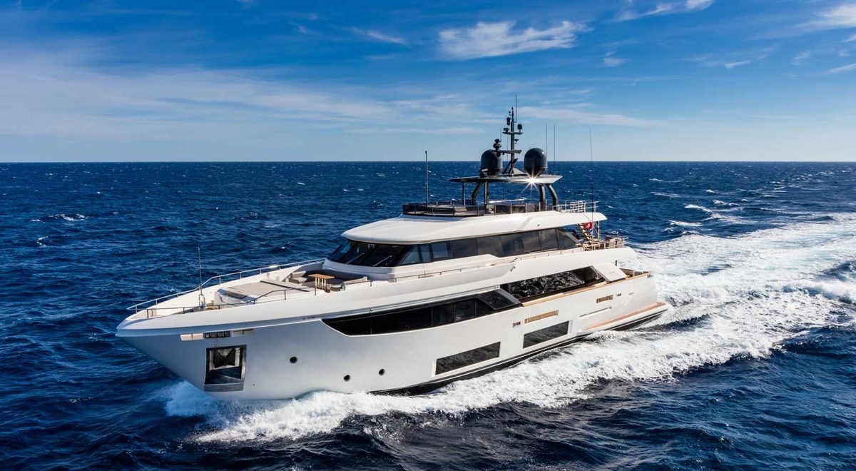 Upstream, a Custom Line Navetta 33, under way, three-quarter bow view